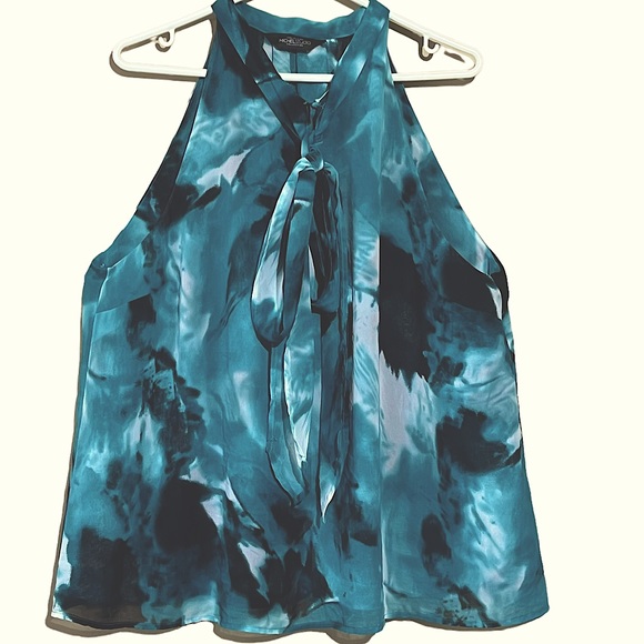 Michel Studio Tops - Michel Studio 100% polyester semi sheer teal printed tie front sleeveless top 18